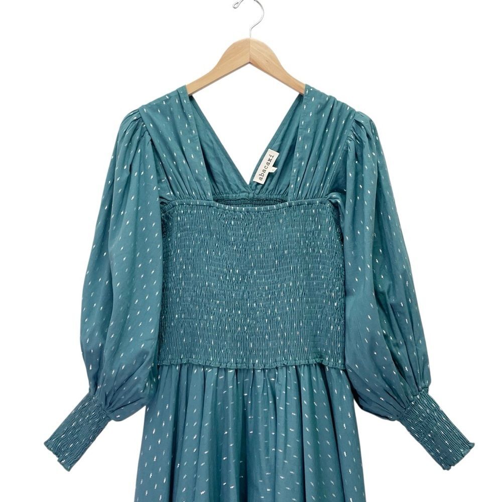 Abacaxi Eva Dress Teal Metallic Cotton Maxi Puff Sleeve Smocked Bodice Sz Large - Picture 7 of 16